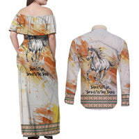 Native American Red Handprint Couples Matching Off Shoulder Maxi Dress and Long Sleeve Button Shirt Watercolor Paint Splash and Brave Horse Art - Wonder Print Shop