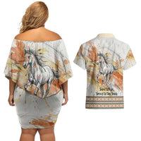 Native American Red Handprint Couples Matching Off Shoulder Short Dress and Hawaiian Shirt Watercolor Paint Splash and Brave Horse Art - Wonder Print Shop
