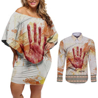 Native American Red Handprint Couples Matching Off Shoulder Short Dress and Long Sleeve Button Shirt Watercolor Paint Splash and Brave Horse Art - Wonder Print Shop