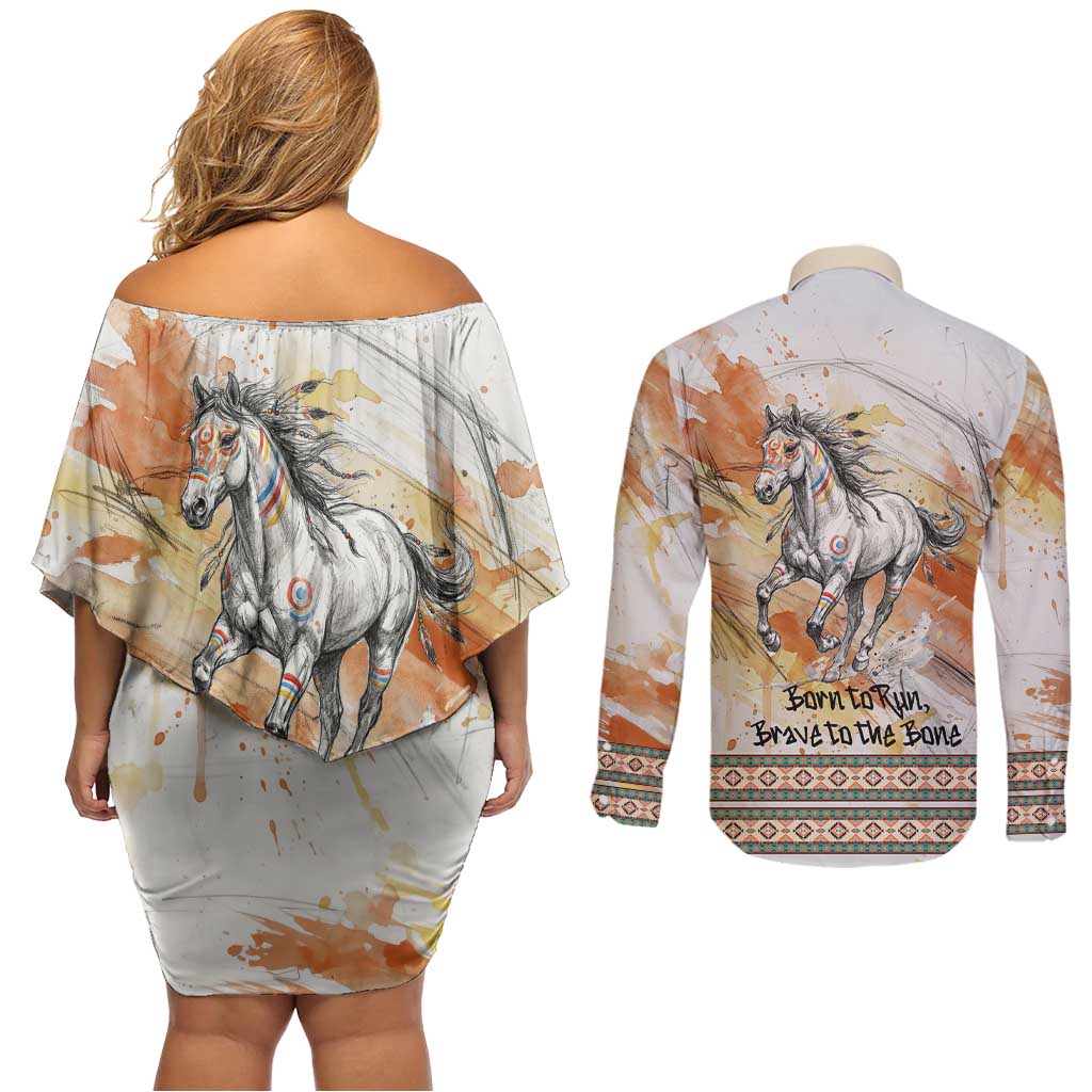 Native American Red Handprint Couples Matching Off Shoulder Short Dress and Long Sleeve Button Shirt Watercolor Paint Splash and Brave Horse Art - Wonder Print Shop