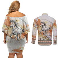 Native American Red Handprint Couples Matching Off Shoulder Short Dress and Long Sleeve Button Shirt Watercolor Paint Splash and Brave Horse Art - Wonder Print Shop