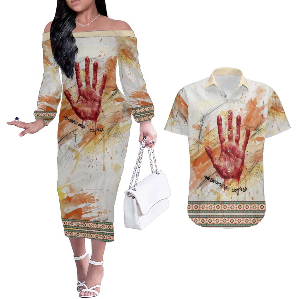 Native American Red Handprint Couples Matching Off The Shoulder Long Sleeve Dress and Hawaiian Shirt Watercolor Paint Splash and Brave Horse Art - Wonder Print Shop