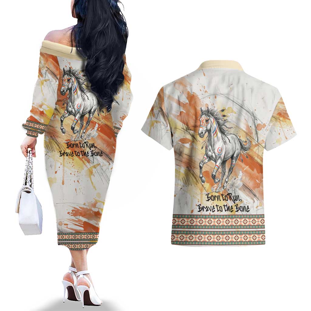 Native American Red Handprint Couples Matching Off The Shoulder Long Sleeve Dress and Hawaiian Shirt Watercolor Paint Splash and Brave Horse Art - Wonder Print Shop