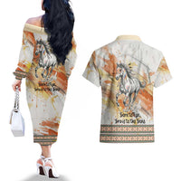 Native American Red Handprint Couples Matching Off The Shoulder Long Sleeve Dress and Hawaiian Shirt Watercolor Paint Splash and Brave Horse Art - Wonder Print Shop