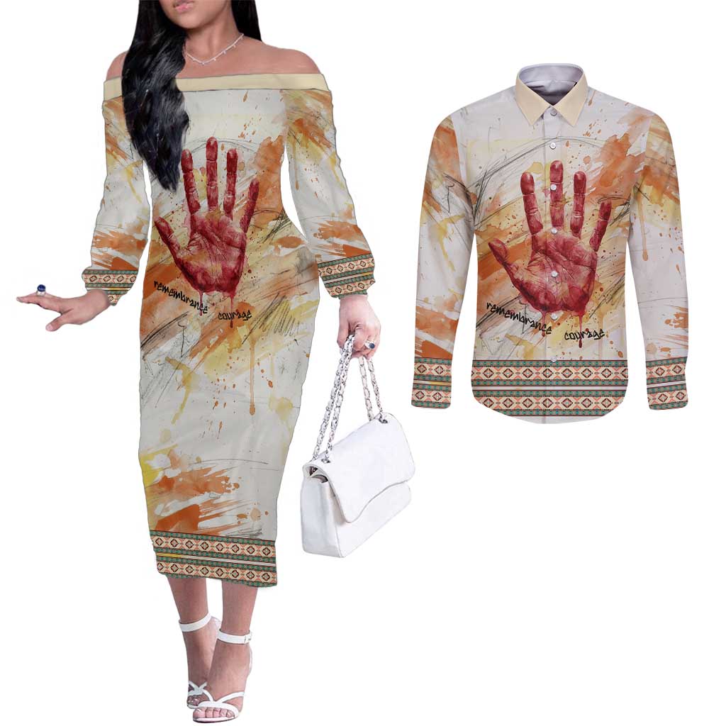 Native American Red Handprint Couples Matching Off The Shoulder Long Sleeve Dress and Long Sleeve Button Shirt Watercolor Paint Splash and Brave Horse Art - Wonder Print Shop