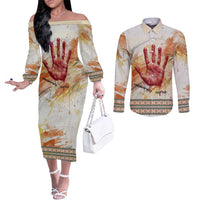 Native American Red Handprint Couples Matching Off The Shoulder Long Sleeve Dress and Long Sleeve Button Shirt Watercolor Paint Splash and Brave Horse Art - Wonder Print Shop