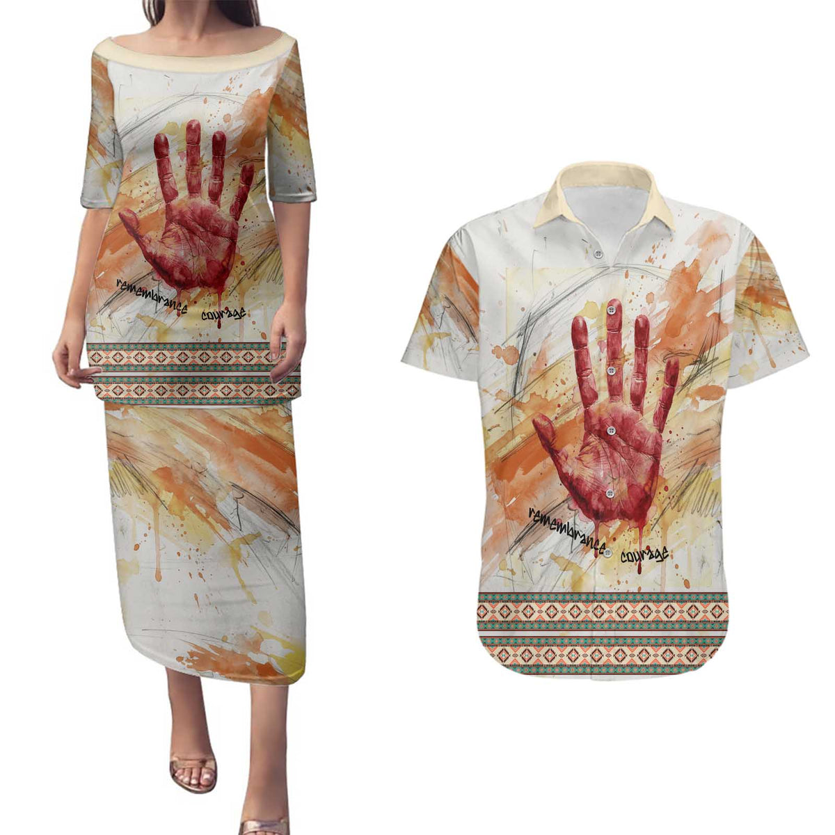 Native American Red Handprint Couples Matching Puletasi and Hawaiian Shirt Watercolor Paint Splash and Brave Horse Art - Wonder Print Shop