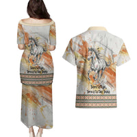 Native American Red Handprint Couples Matching Puletasi and Hawaiian Shirt Watercolor Paint Splash and Brave Horse Art - Wonder Print Shop