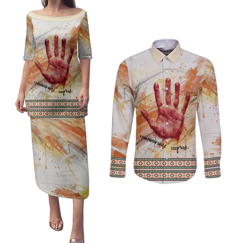 Native American Red Handprint Couples Matching Puletasi and Long Sleeve Button Shirt Watercolor Paint Splash and Brave Horse Art - Wonder Print Shop