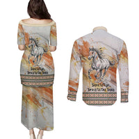 Native American Red Handprint Couples Matching Puletasi and Long Sleeve Button Shirt Watercolor Paint Splash and Brave Horse Art - Wonder Print Shop