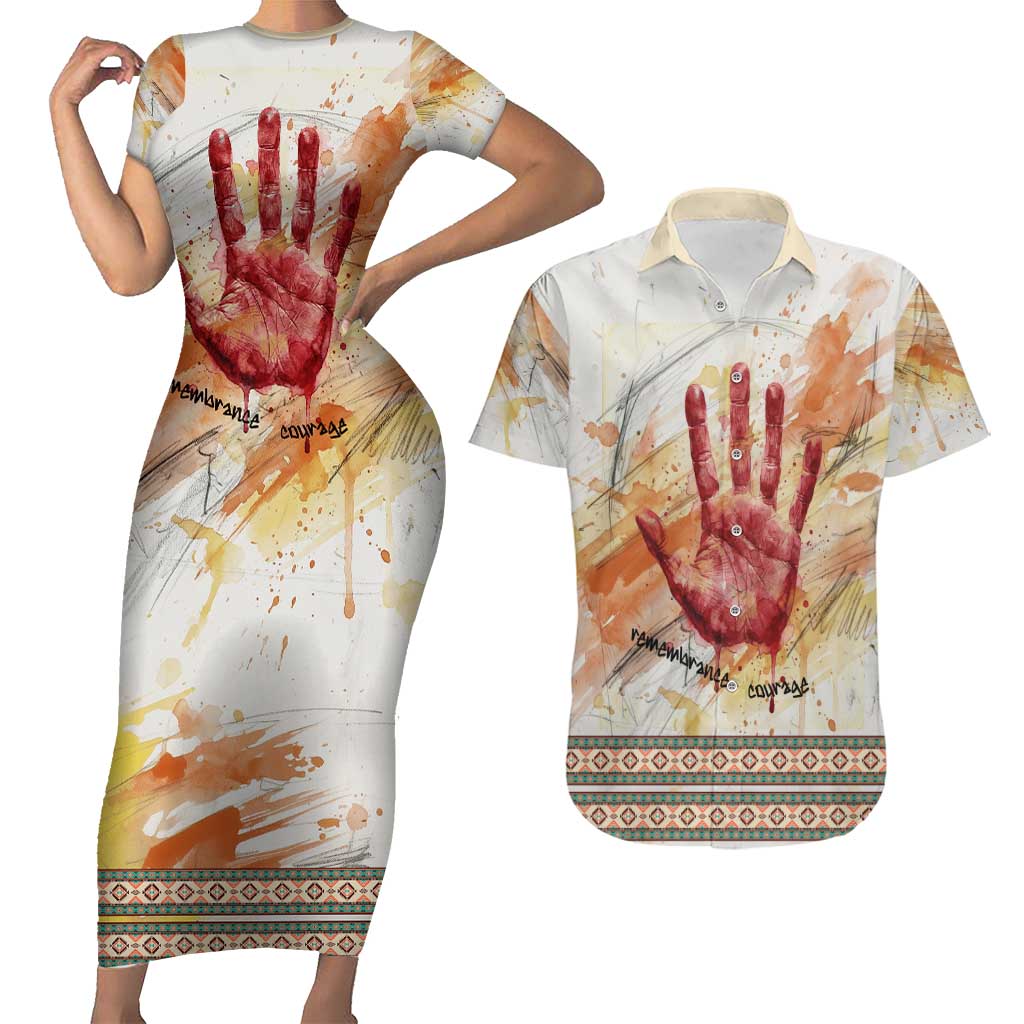 Native American Red Handprint Couples Matching Short Sleeve Bodycon Dress and Hawaiian Shirt Watercolor Paint Splash and Brave Horse Art - Wonder Print Shop
