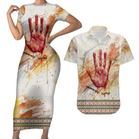 Native American Red Handprint Couples Matching Short Sleeve Bodycon Dress and Hawaiian Shirt Watercolor Paint Splash and Brave Horse Art - Wonder Print Shop