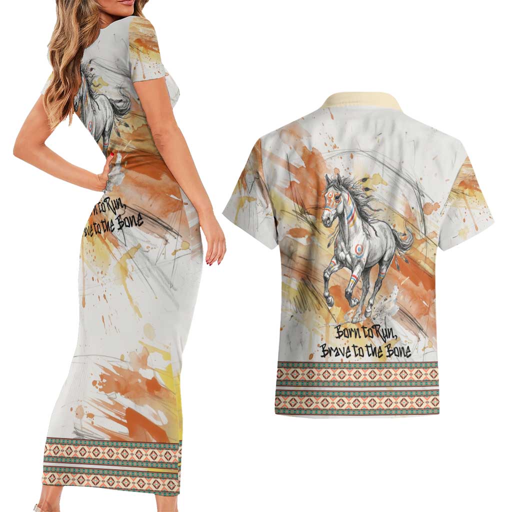 Native American Red Handprint Couples Matching Short Sleeve Bodycon Dress and Hawaiian Shirt Watercolor Paint Splash and Brave Horse Art - Wonder Print Shop