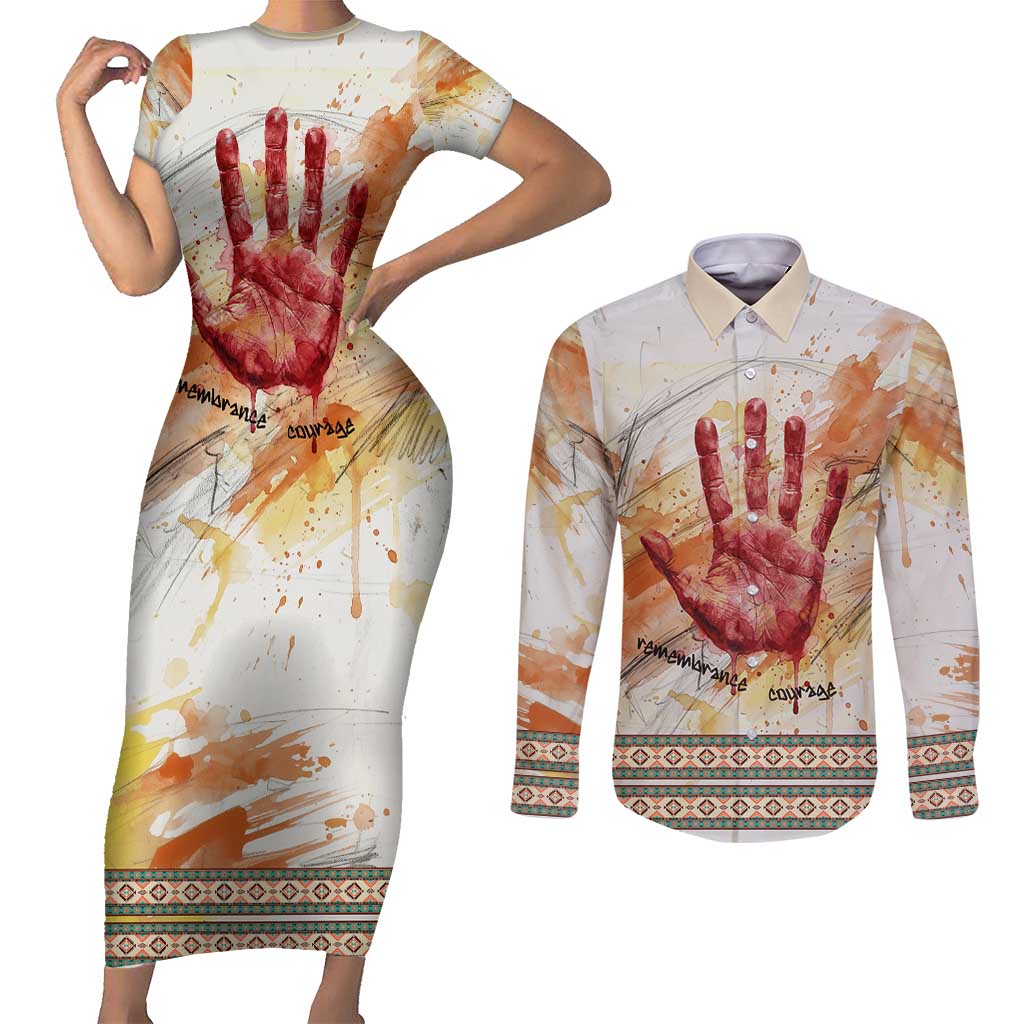 Native American Red Handprint Couples Matching Short Sleeve Bodycon Dress and Long Sleeve Button Shirt Watercolor Paint Splash and Brave Horse Art - Wonder Print Shop
