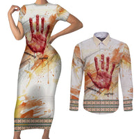 Native American Red Handprint Couples Matching Short Sleeve Bodycon Dress and Long Sleeve Button Shirt Watercolor Paint Splash and Brave Horse Art - Wonder Print Shop