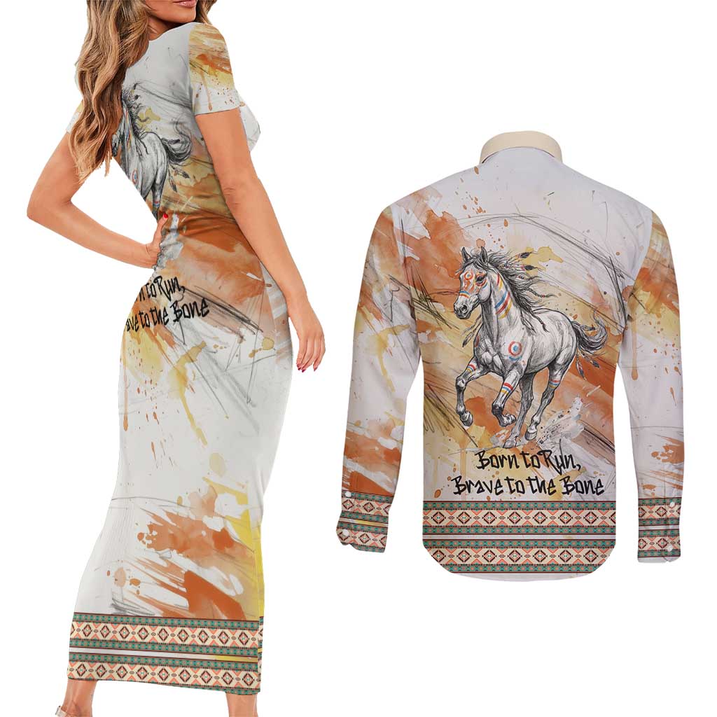 Native American Red Handprint Couples Matching Short Sleeve Bodycon Dress and Long Sleeve Button Shirt Watercolor Paint Splash and Brave Horse Art - Wonder Print Shop