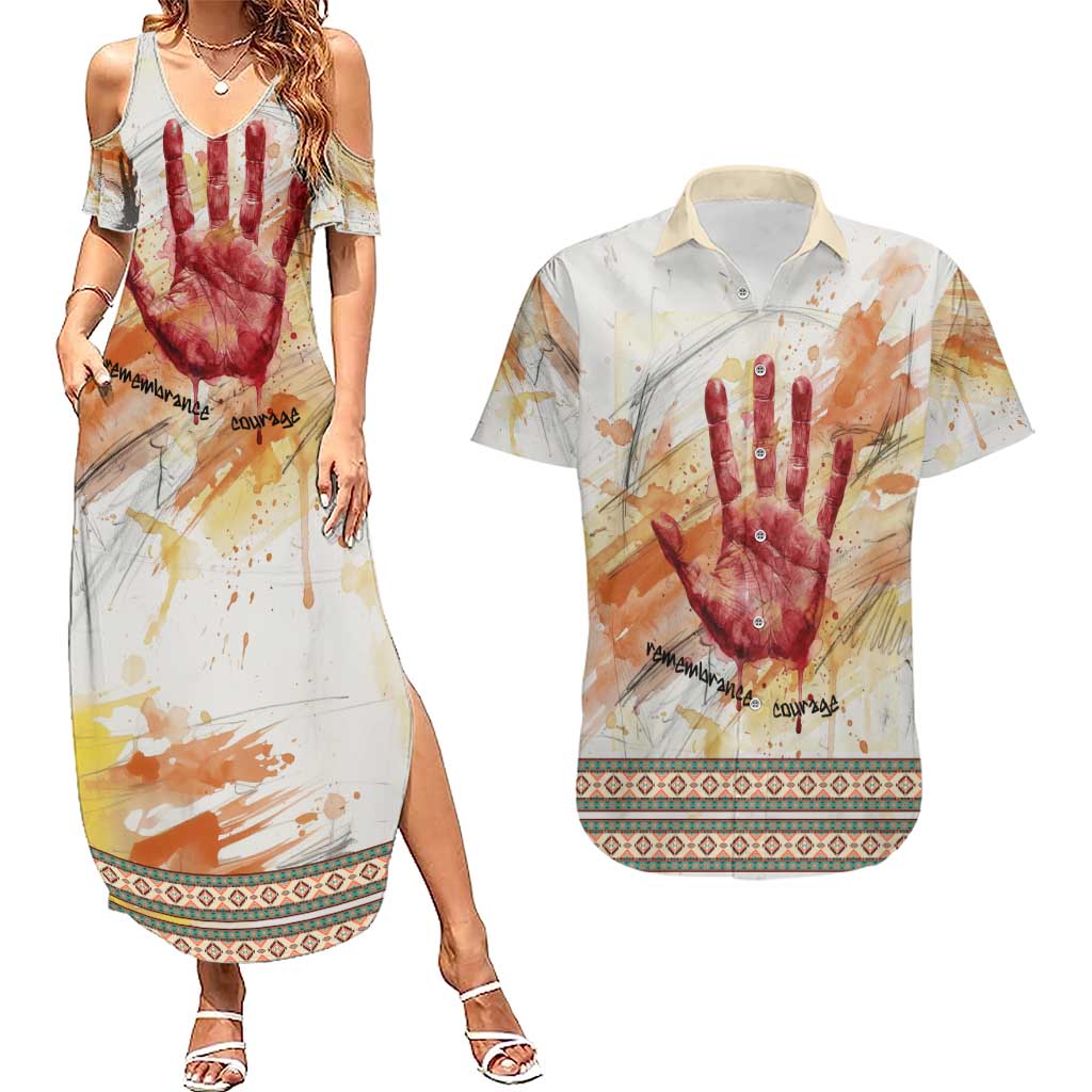 Native American Red Handprint Couples Matching Summer Maxi Dress and Hawaiian Shirt Watercolor Paint Splash and Brave Horse Art - Wonder Print Shop