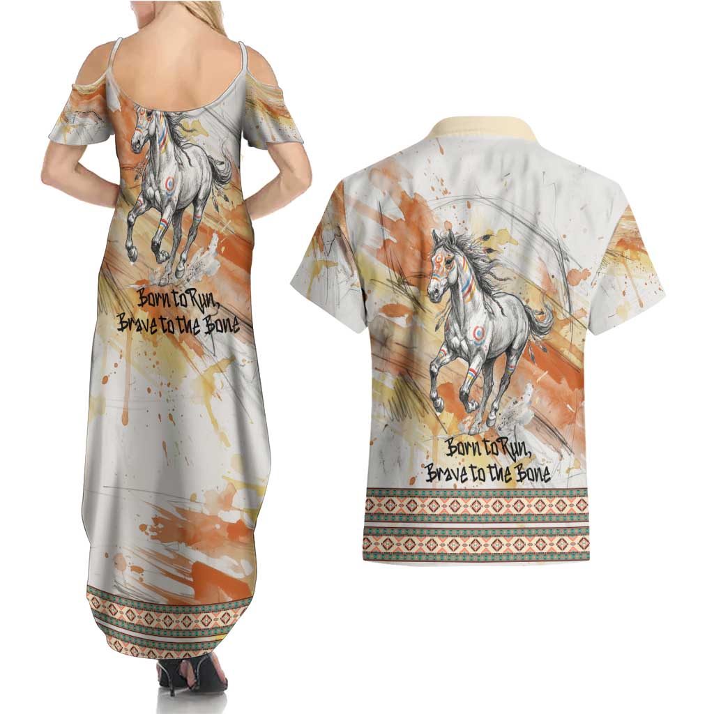 Native American Red Handprint Couples Matching Summer Maxi Dress and Hawaiian Shirt Watercolor Paint Splash and Brave Horse Art - Wonder Print Shop