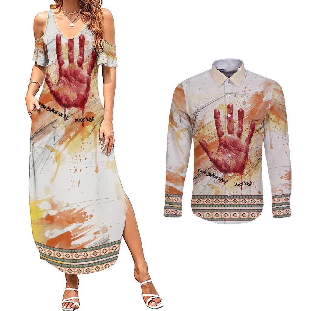 Native American Red Handprint Couples Matching Summer Maxi Dress and Long Sleeve Button Shirt Watercolor Paint Splash and Brave Horse Art - Wonder Print Shop