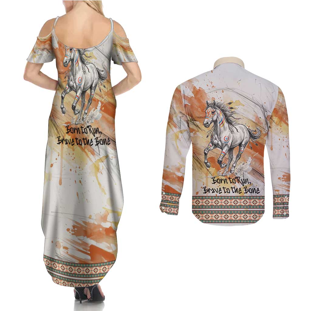 Native American Red Handprint Couples Matching Summer Maxi Dress and Long Sleeve Button Shirt Watercolor Paint Splash and Brave Horse Art - Wonder Print Shop