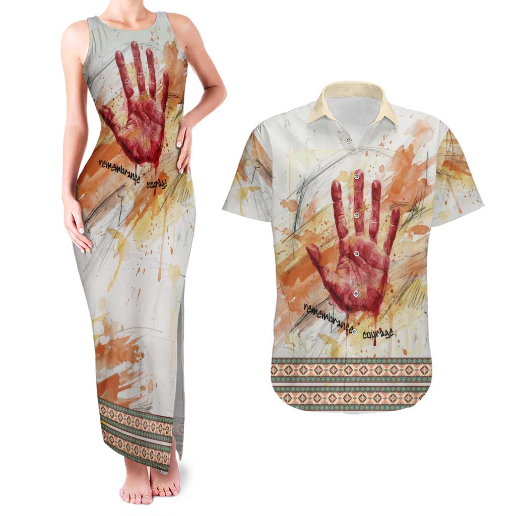 Native American Red Handprint Couples Matching Tank Maxi Dress and Hawaiian Shirt Watercolor Paint Splash and Brave Horse Art - Wonder Print Shop