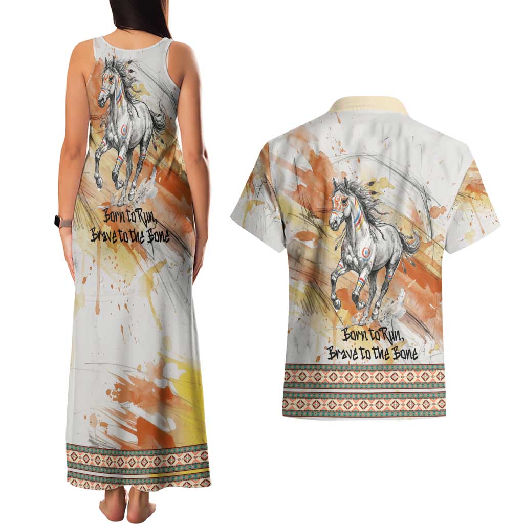 Native American Red Handprint Couples Matching Tank Maxi Dress and Hawaiian Shirt Watercolor Paint Splash and Brave Horse Art - Wonder Print Shop