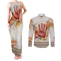 Native American Red Handprint Couples Matching Tank Maxi Dress and Long Sleeve Button Shirt Watercolor Paint Splash and Brave Horse Art - Wonder Print Shop