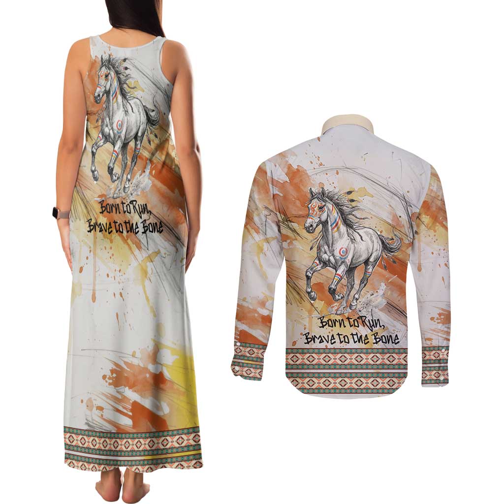 Native American Red Handprint Couples Matching Tank Maxi Dress and Long Sleeve Button Shirt Watercolor Paint Splash and Brave Horse Art - Wonder Print Shop