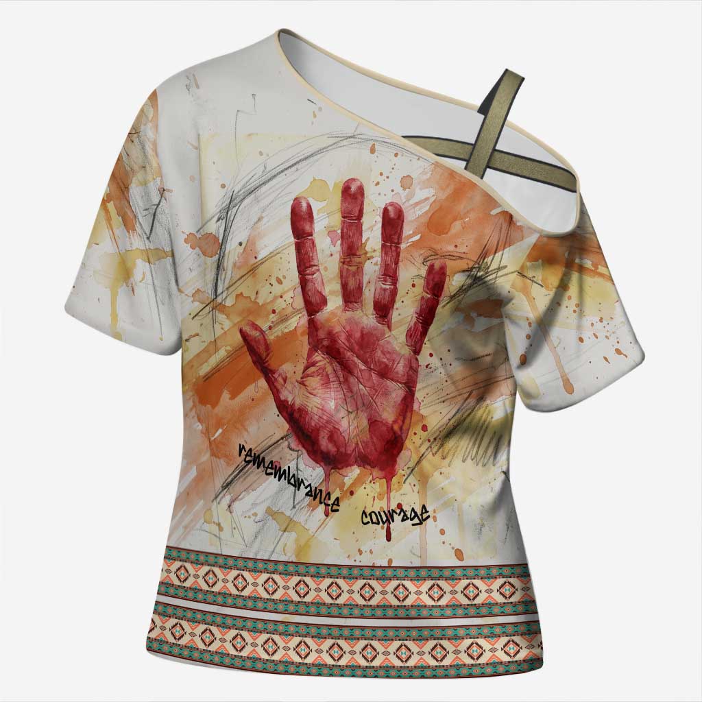 Native American Red Handprint Cross Shoulder Shirt Watercolor Paint Splash and Brave Horse Art - Wonder Print Shop