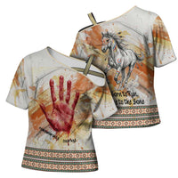 Native American Red Handprint Cross Shoulder Shirt Watercolor Paint Splash and Brave Horse Art - Wonder Print Shop