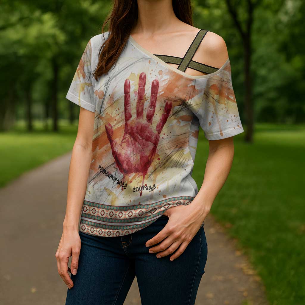 Native American Red Handprint Cross Shoulder Shirt Watercolor Paint Splash and Brave Horse Art - Wonder Print Shop