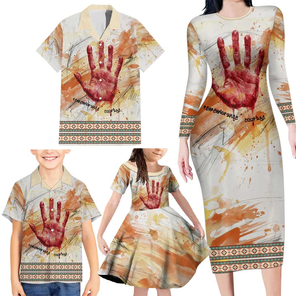 Native American Red Handprint Family Matching Long Sleeve Bodycon Dress and Hawaiian Shirt Watercolor Paint Splash and Brave Horse Art - Wonder Print Shop