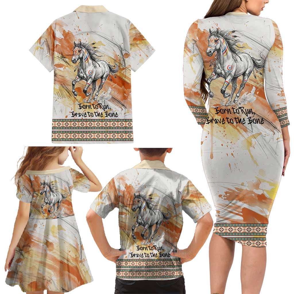 Native American Red Handprint Family Matching Long Sleeve Bodycon Dress and Hawaiian Shirt Watercolor Paint Splash and Brave Horse Art - Wonder Print Shop