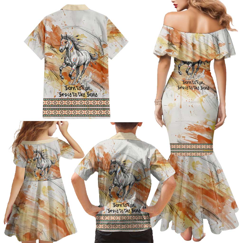 Native American Red Handprint Family Matching Mermaid Dress and Hawaiian Shirt Watercolor Paint Splash and Brave Horse Art - Wonder Print Shop