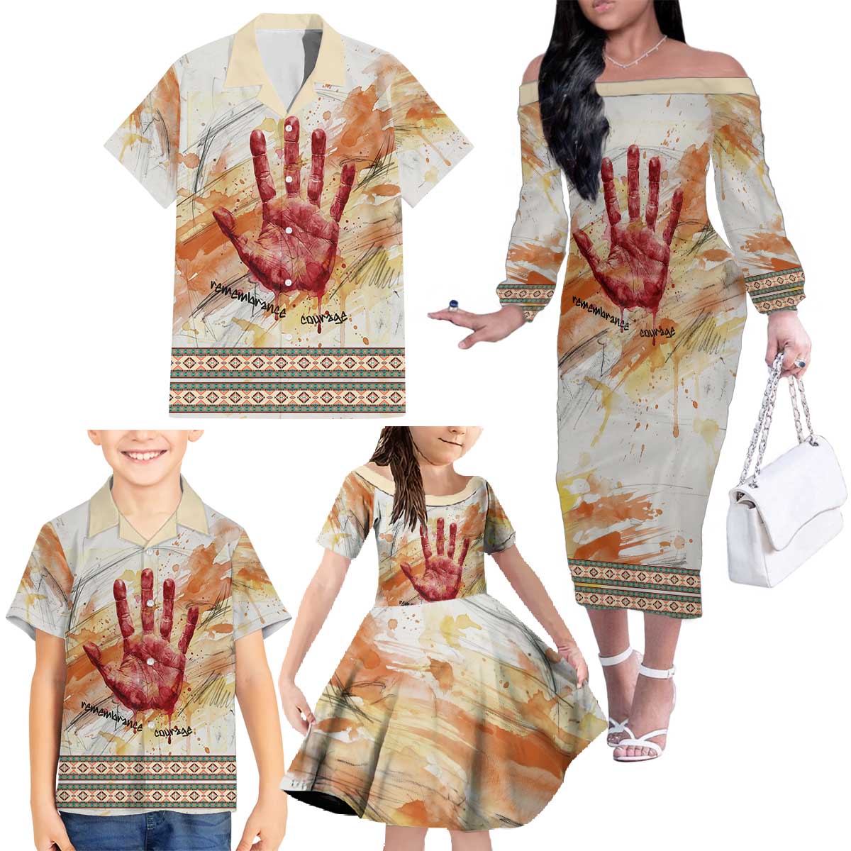 Native American Red Handprint Family Matching Off The Shoulder Long Sleeve Dress and Hawaiian Shirt Watercolor Paint Splash and Brave Horse Art - Wonder Print Shop
