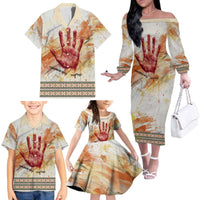 Native American Red Handprint Family Matching Off The Shoulder Long Sleeve Dress and Hawaiian Shirt Watercolor Paint Splash and Brave Horse Art - Wonder Print Shop