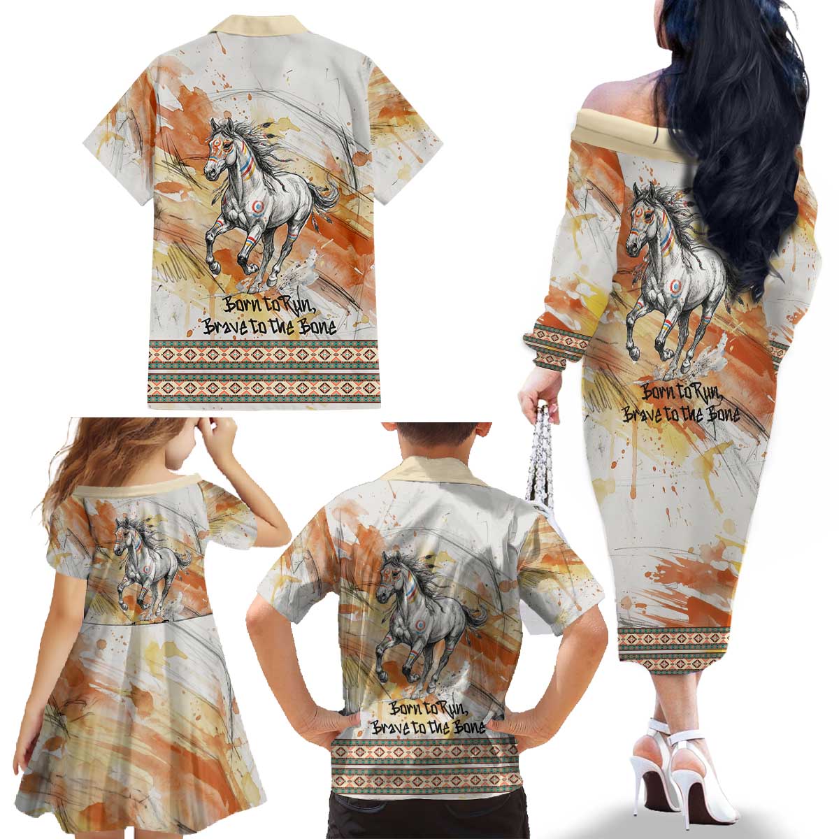 Native American Red Handprint Family Matching Off The Shoulder Long Sleeve Dress and Hawaiian Shirt Watercolor Paint Splash and Brave Horse Art - Wonder Print Shop
