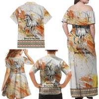 Native American Red Handprint Family Matching Off Shoulder Maxi Dress and Hawaiian Shirt Watercolor Paint Splash and Brave Horse Art - Wonder Print Shop