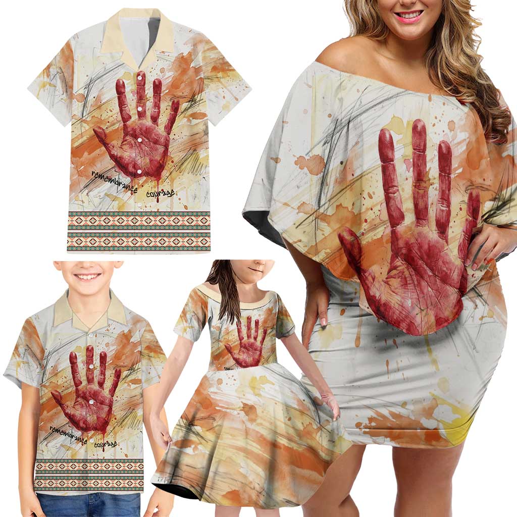 Native American Red Handprint Family Matching Off Shoulder Short Dress and Hawaiian Shirt Watercolor Paint Splash and Brave Horse Art - Wonder Print Shop