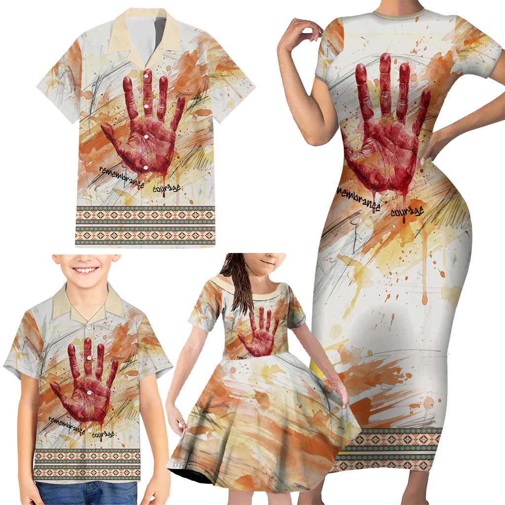 Native American Red Handprint Family Matching Short Sleeve Bodycon Dress and Hawaiian Shirt Watercolor Paint Splash and Brave Horse Art - Wonder Print Shop