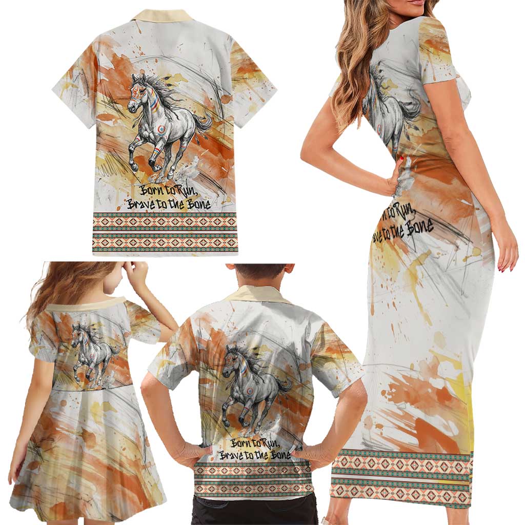 Native American Red Handprint Family Matching Short Sleeve Bodycon Dress and Hawaiian Shirt Watercolor Paint Splash and Brave Horse Art - Wonder Print Shop