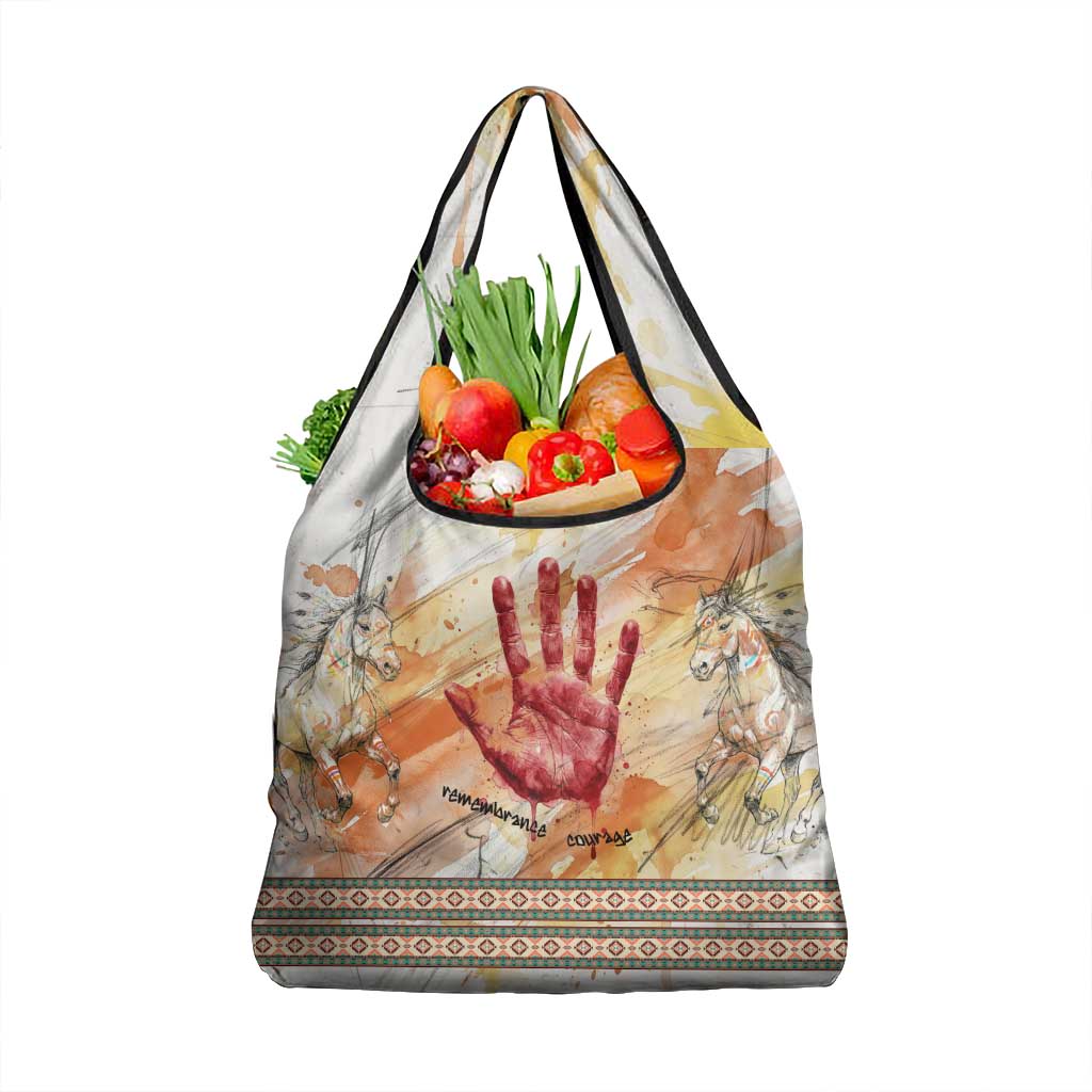 Native American Red Handprint Grocery Bag Watercolor Paint Splash and Brave Horse Art - Wonder Print Shop