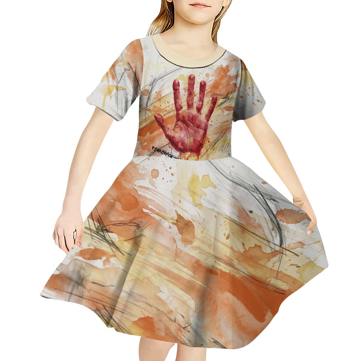 Native American Red Handprint Kid Short Sleeve Dress Watercolor Paint Splash and Brave Horse Art - Wonder Print Shop