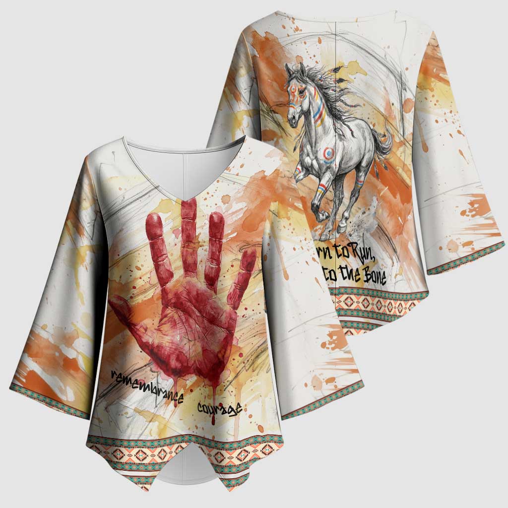 Native American Red Handprint Kimono Sleeve Blouse Watercolor Paint Splash and Brave Horse Art - Wonder Print Shop