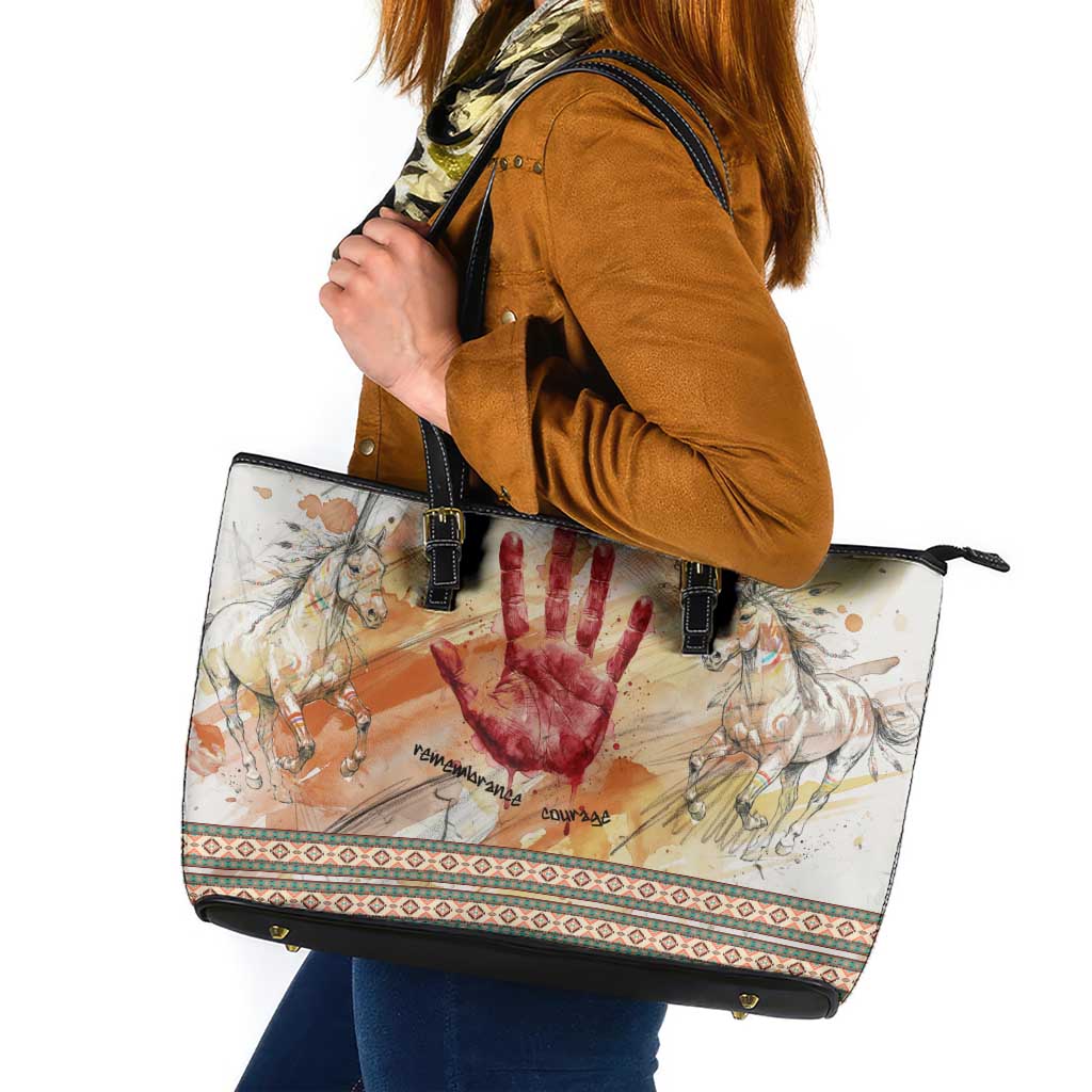 Native American Red Handprint Leather Tote Bag Watercolor Paint Splash and Brave Horse Art - Wonder Print Shop