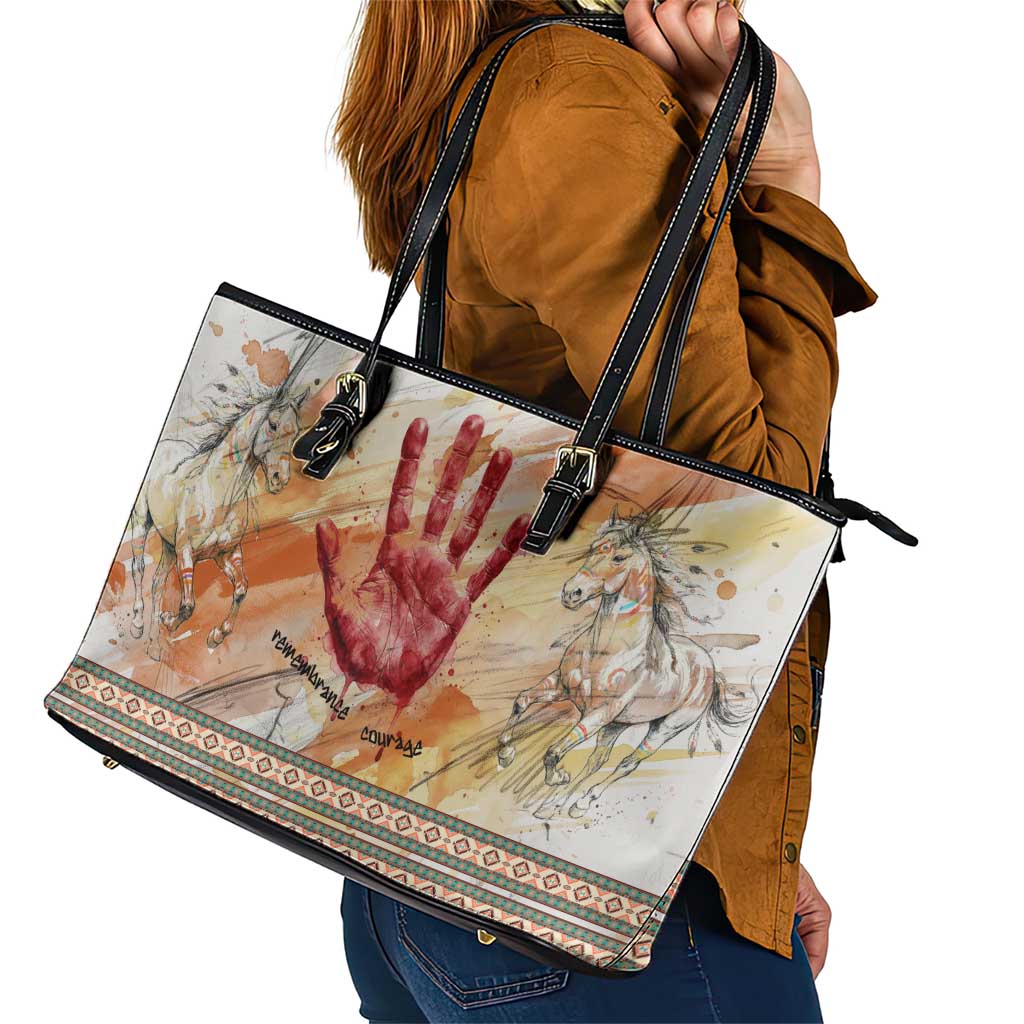 Native American Red Handprint Leather Tote Bag Watercolor Paint Splash and Brave Horse Art - Wonder Print Shop
