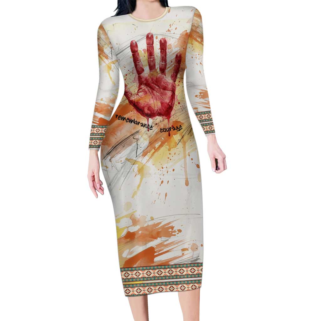 Native American Red Handprint Long Sleeve Bodycon Dress Watercolor Paint Splash and Brave Horse Art - Wonder Print Shop