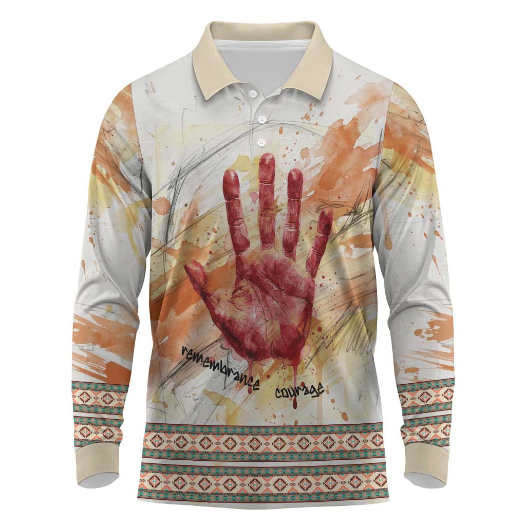 Native American Red Handprint Long Sleeve Polo Shirt Watercolor Paint Splash and Brave Horse Art - Wonder Print Shop