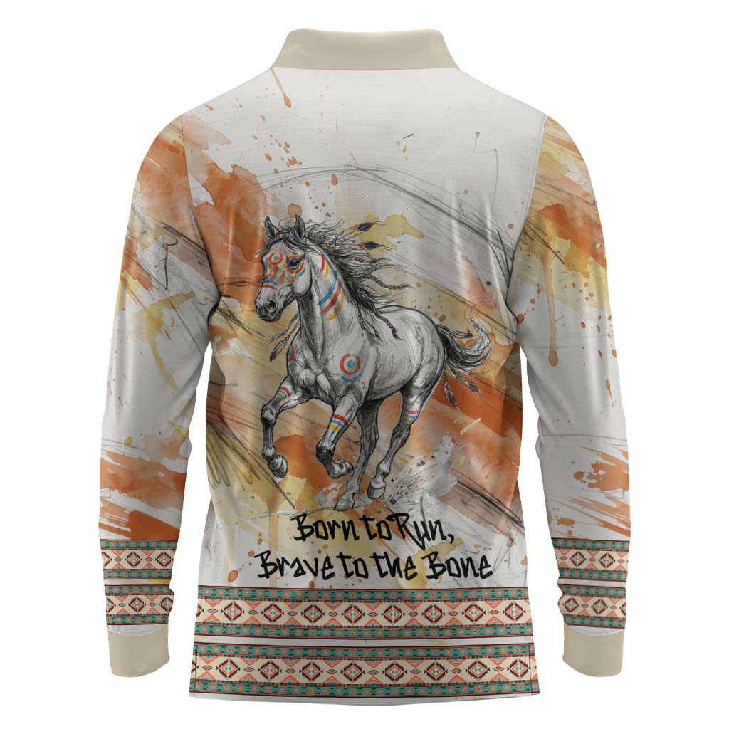 Native American Red Handprint Long Sleeve Polo Shirt Watercolor Paint Splash and Brave Horse Art - Wonder Print Shop