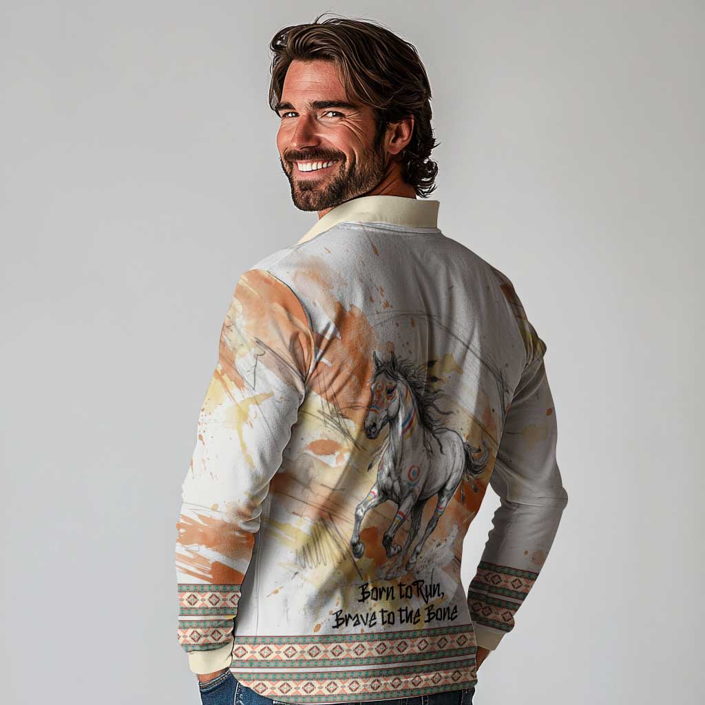 Native American Red Handprint Long Sleeve Polo Shirt Watercolor Paint Splash and Brave Horse Art - Wonder Print Shop